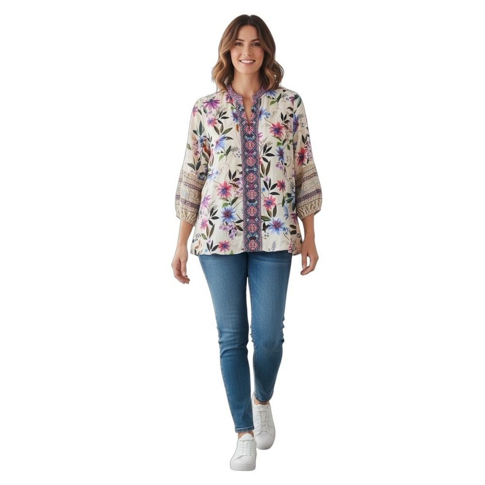 Johnny Was Workshop Silk Floral Velvet Embroidered Boho Blouse Top S‎